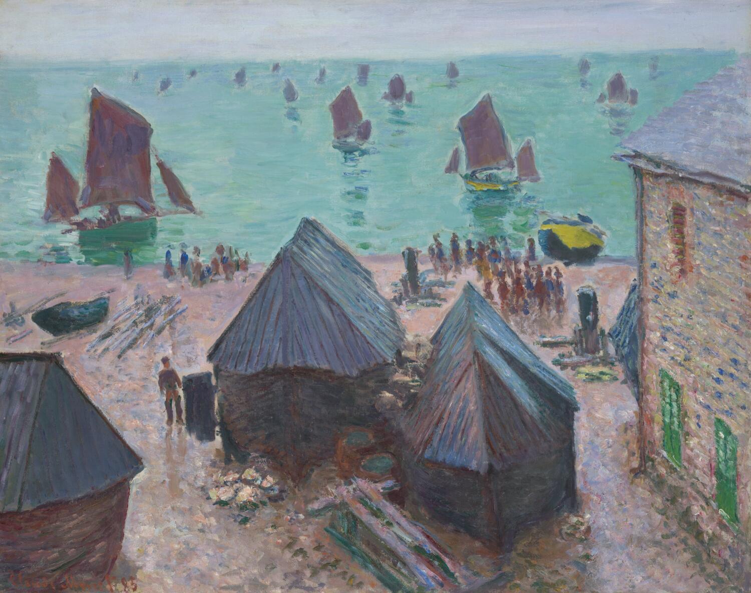 A painted view of a serene turquoise sea welcoming the departure of dozens of sailing boats. Two huts and a brick house stand on the beach, along with some people.