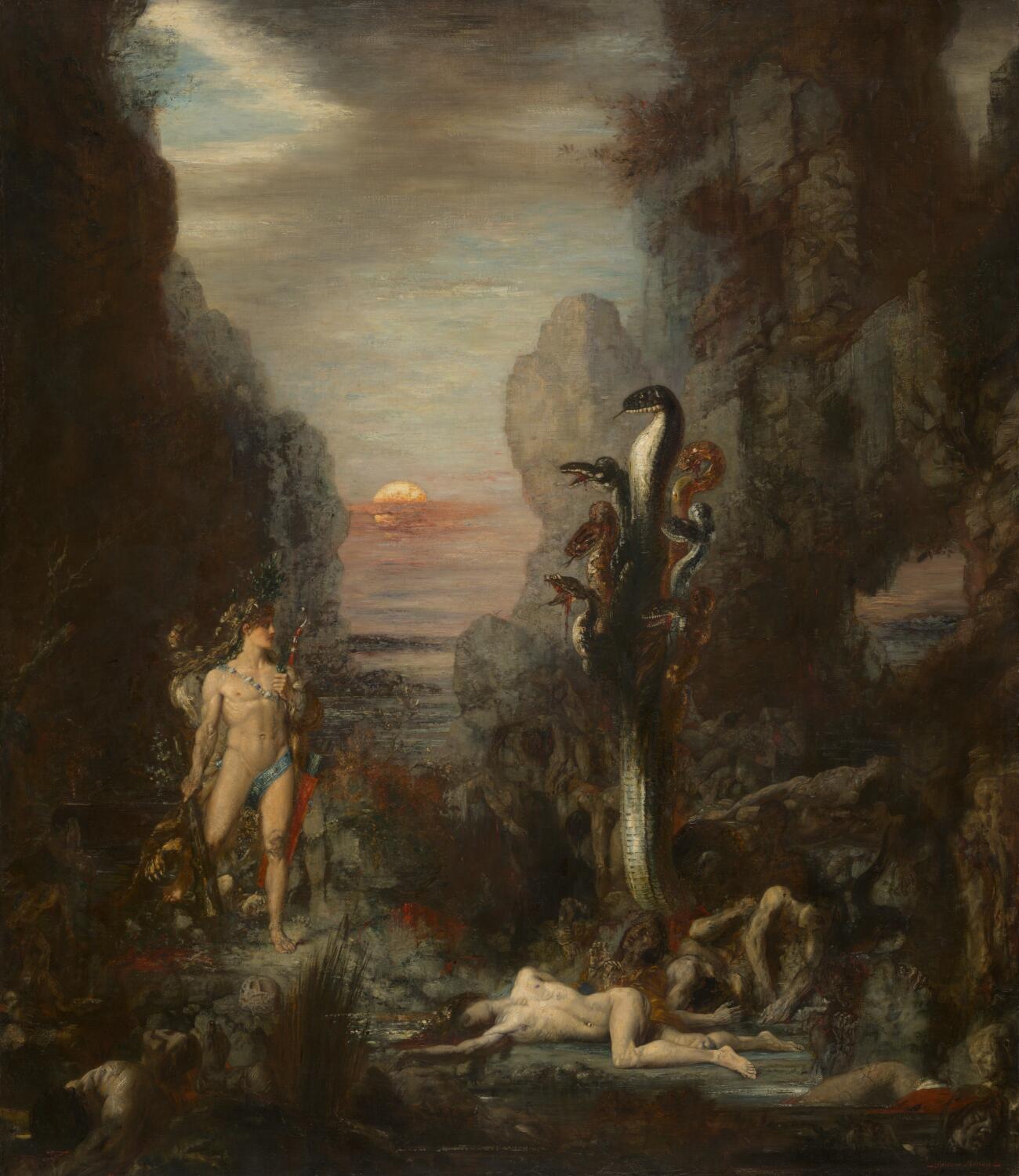 Painting. Looming above an almost primordial ooze of brown paint is the seven-headed Hydra, a serpentine monster whose dead and dying victims lie strewn about a swampy ground. Calm and youthful, Hercules stands amid the carnage, weapon in hand, ready to sever the Hydra’s seventh, “immortal” head, which he will later bury.